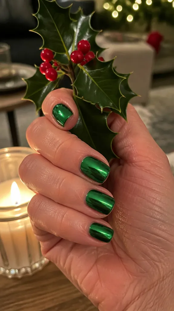 short nails in a mirror-like emerald chrome finish