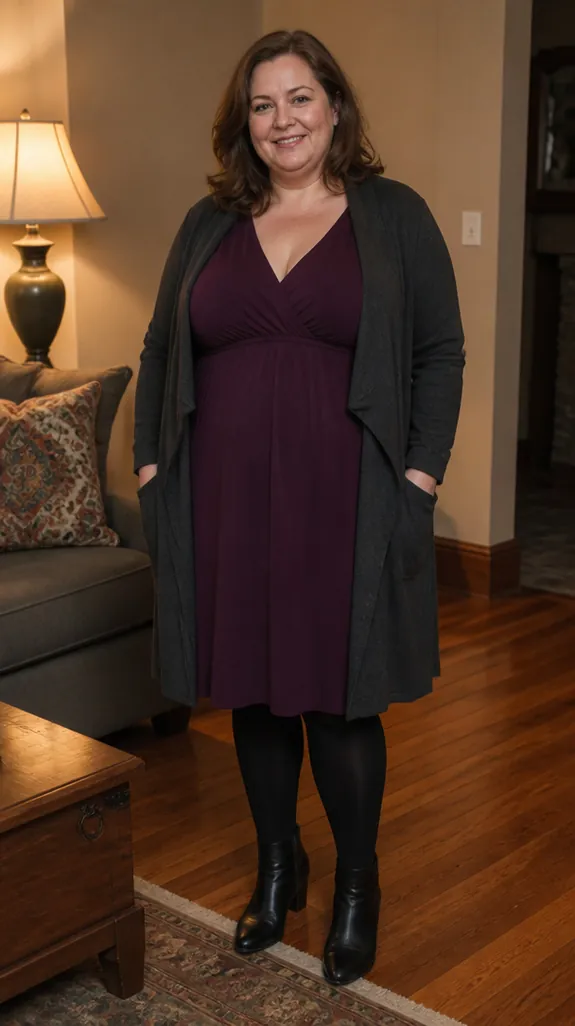 plus-size woman in her fifties wearing an empire-waist dress with opaque tights