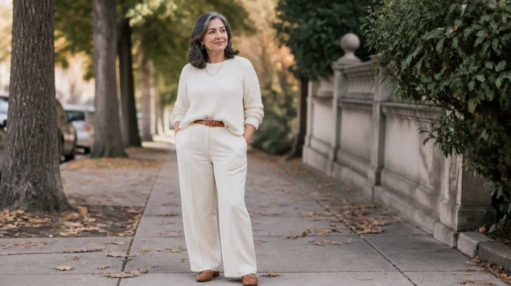 woman in her fifties in a cream monochrome outfit with a belt and gold jewelry