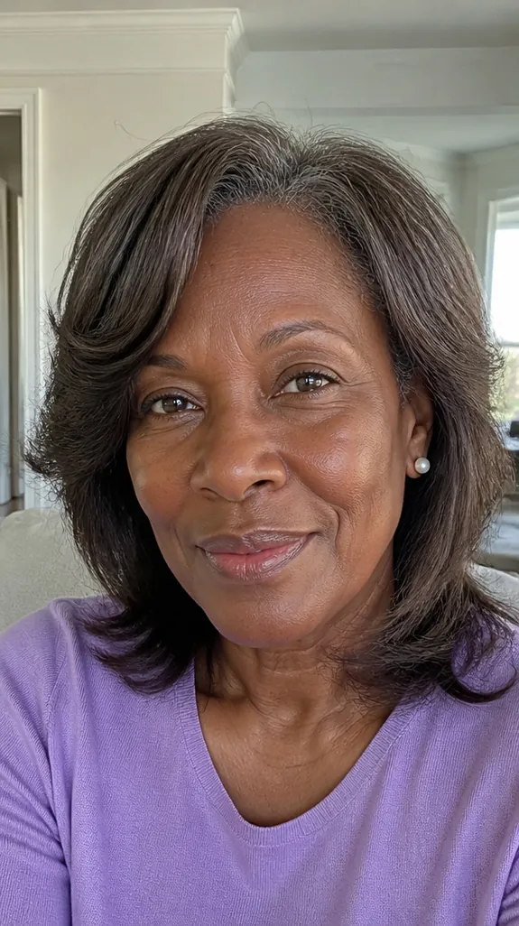 woman in her sixties with a shag with face-framing layers and no bangs