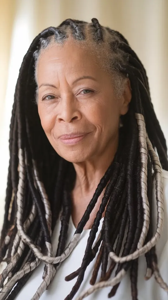 older Black woman with long faux locs and a patterned scarf