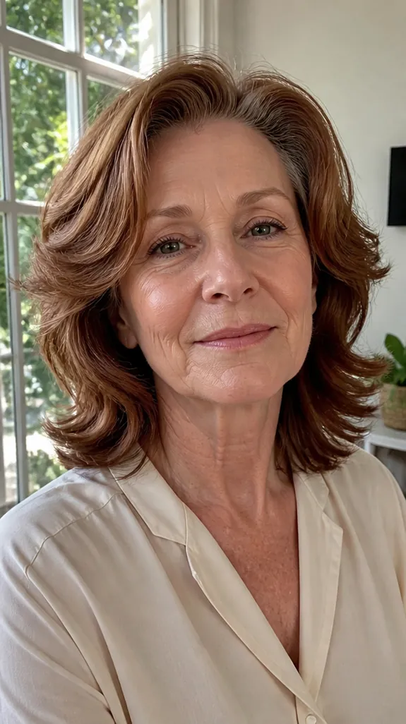 woman in her sixties with a feathered shag swept back from the face