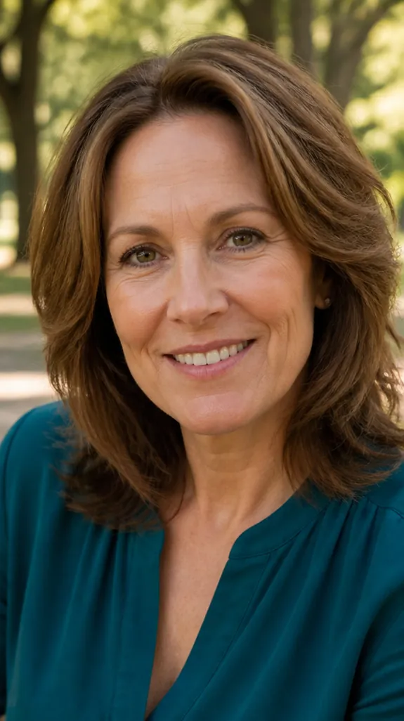 woman in her fifties with feathered shoulder-length layers