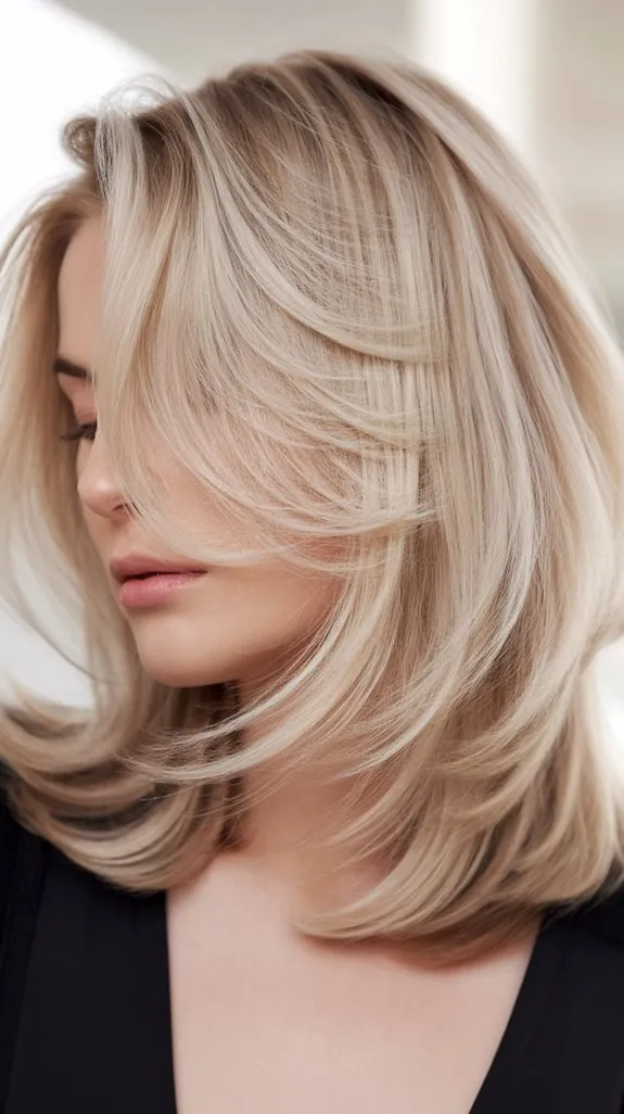 woman with feathered shoulder-length layers