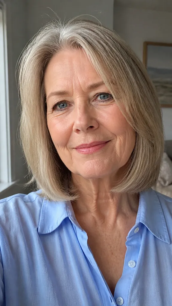woman over 50 with fine hair in a blunt cut with a few long layers