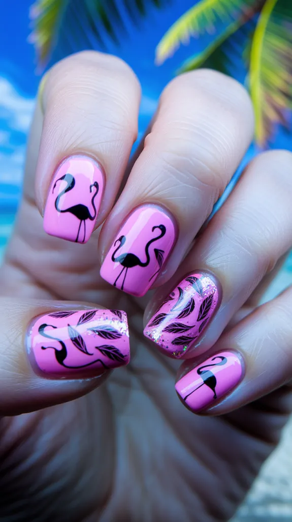 pink nails with black flamingo silhouettes