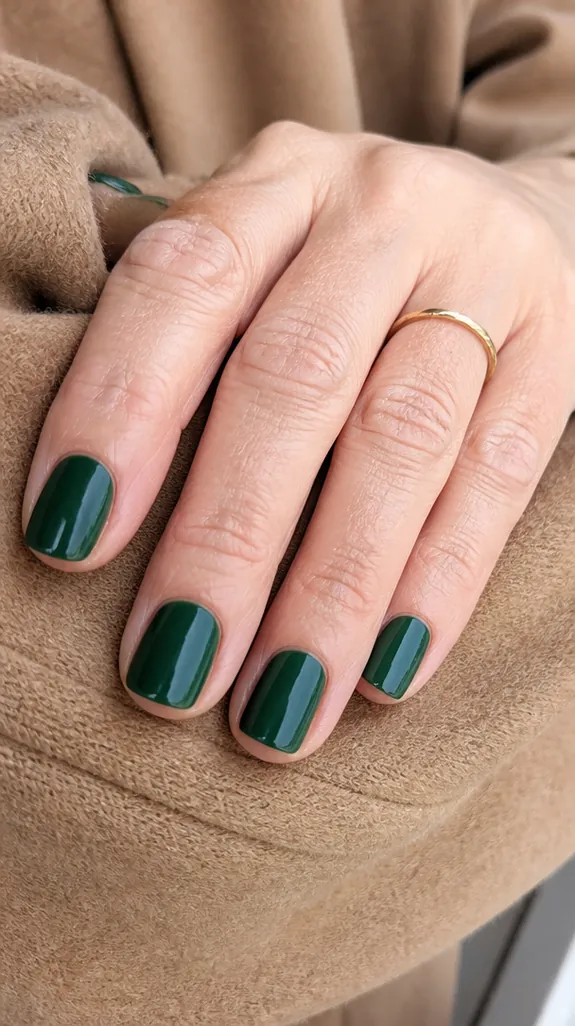short nails in a creamy forest green polish