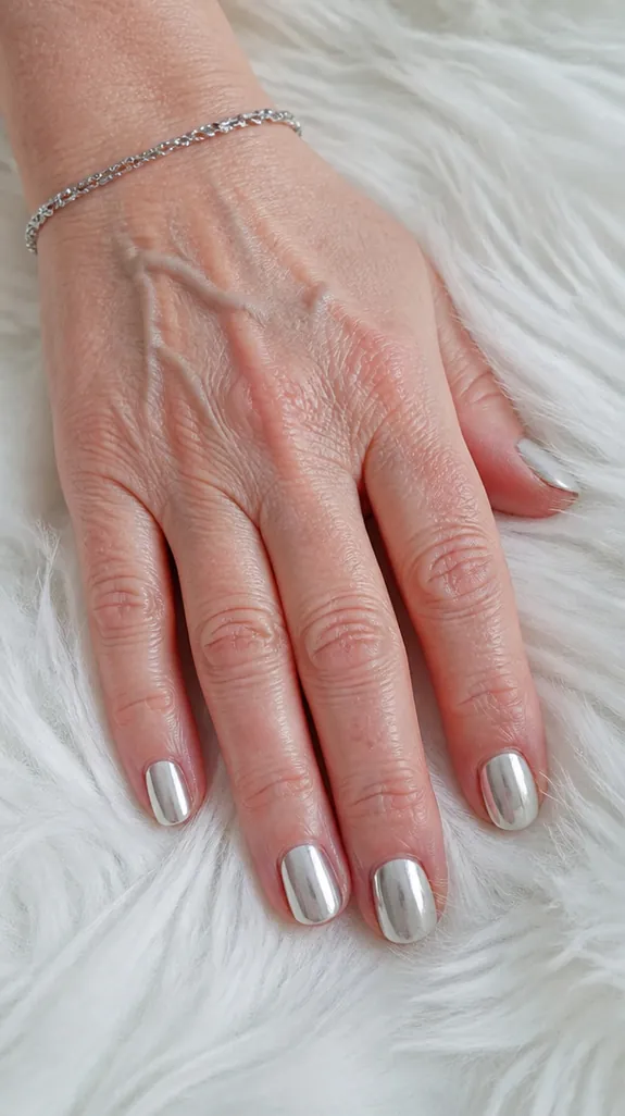 short nails in an icy frosted silver chrome finish