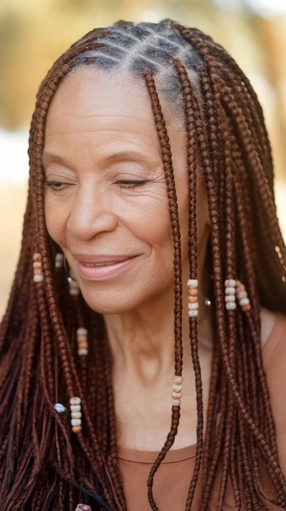 older Black woman with Fulani braids and white beads