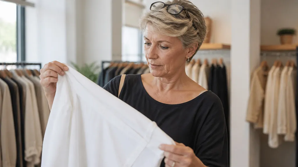 woman in her fifties checking the fabric and seams of a white shirt in a store