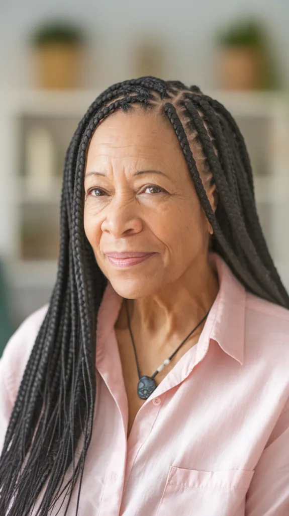 Black woman over 50 with long black feed-in braids