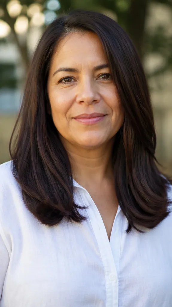 woman in her forties with thick medium-length hair cut with ghost layers