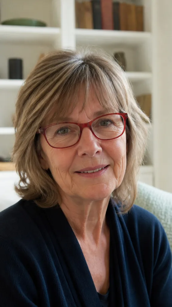 woman in her sixties with glasses and a shag with bangs above the frames