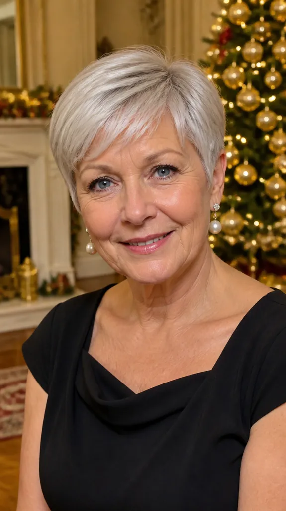 woman in her sixties with a glossy silver pixie cut in a dressy setting