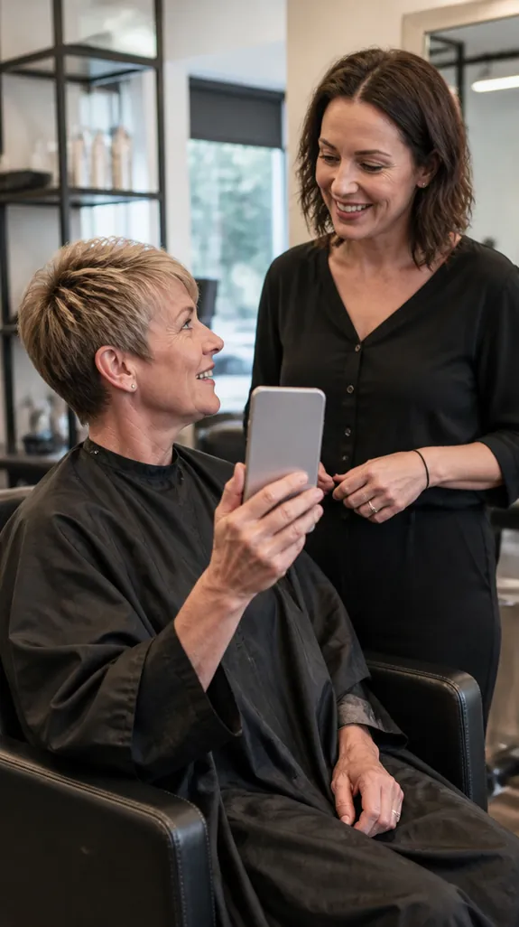 woman in her fifties showing her stylist a photo of her goal haircut in a salon