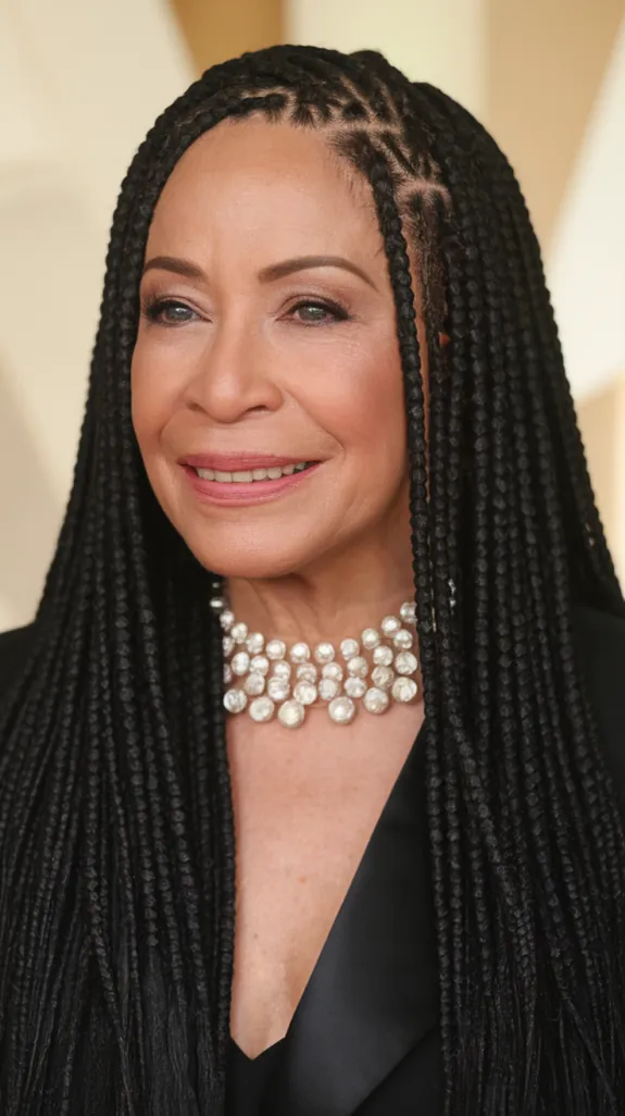 Black woman over 50 with long black braids and a pearl necklace