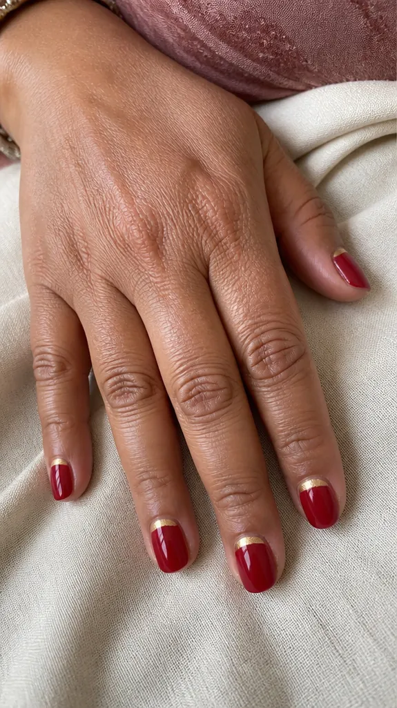 short red nails with gold half-moon accents at the base