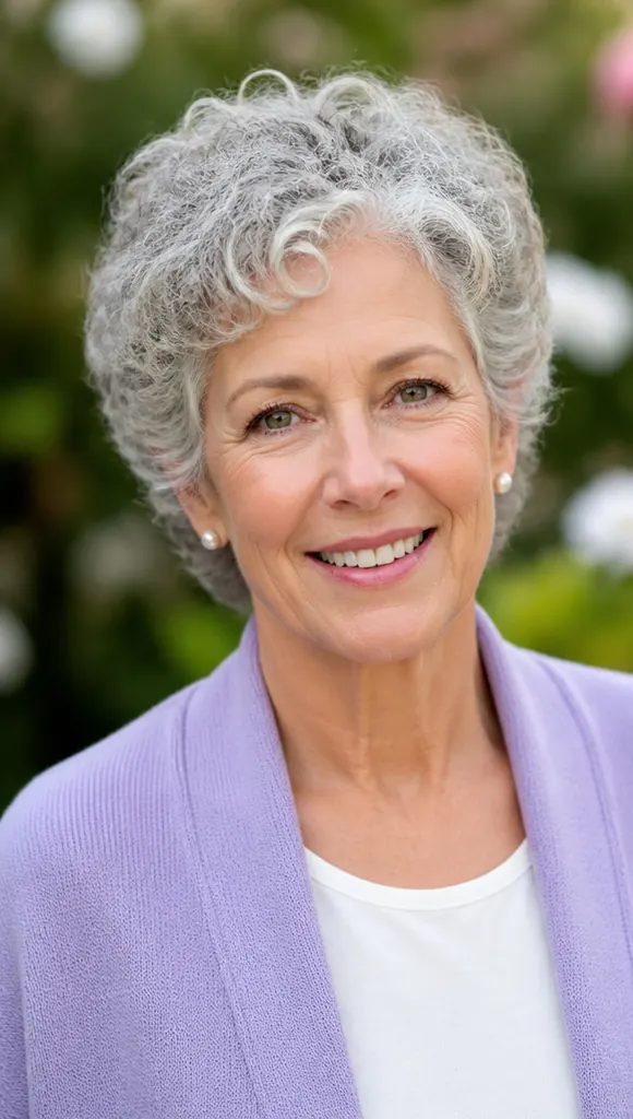 woman over 60 with a gray curly bixie