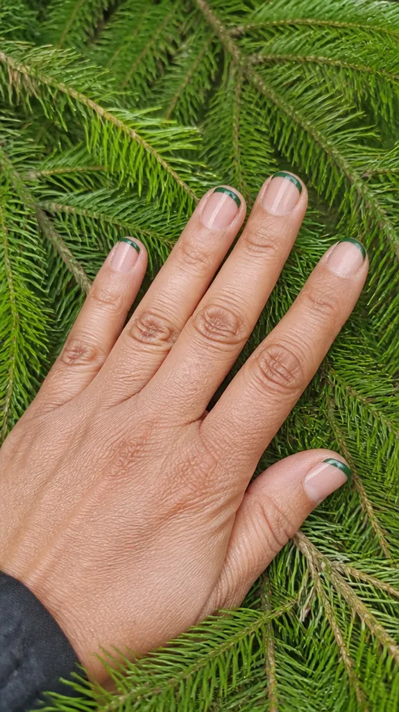 short nude nails with slim forest green French tips