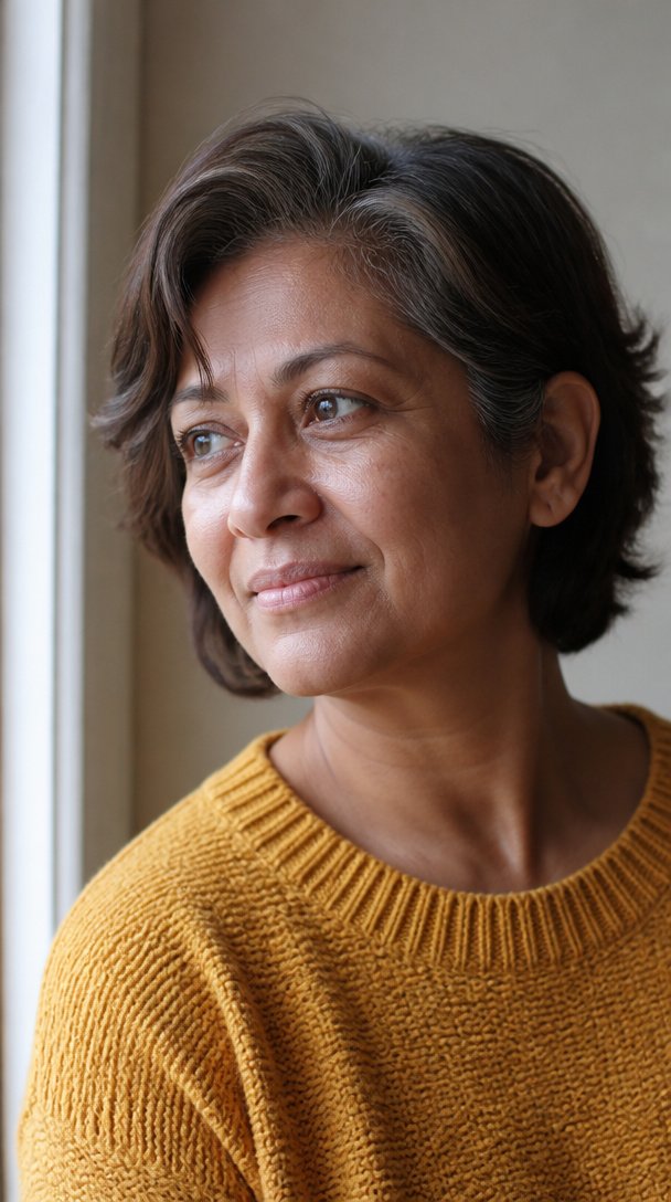 South Asian woman over 50 with a grown-out bixie tucked behind one ear