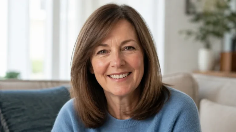 smiling woman in her fifties with a round face and a long layered bob with a side part