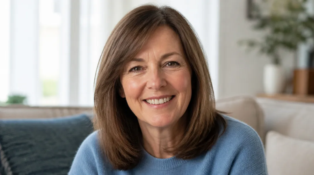 smiling woman in her fifties with a round face and a long layered bob with a side part