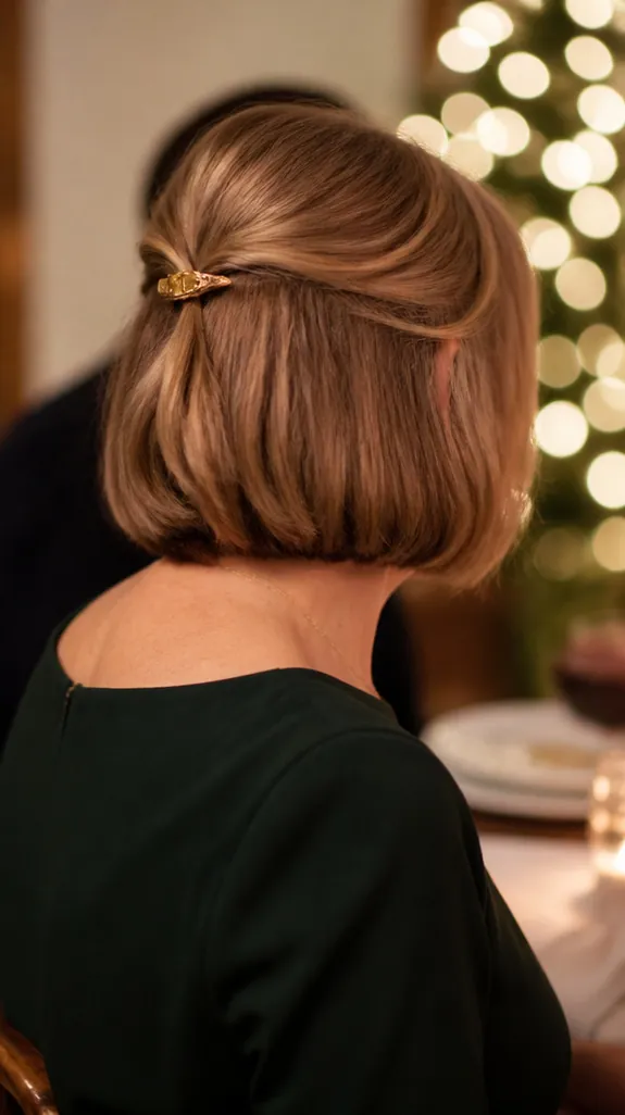 woman in her fifties with a half-up twist on a chin-length bob, seen from behind