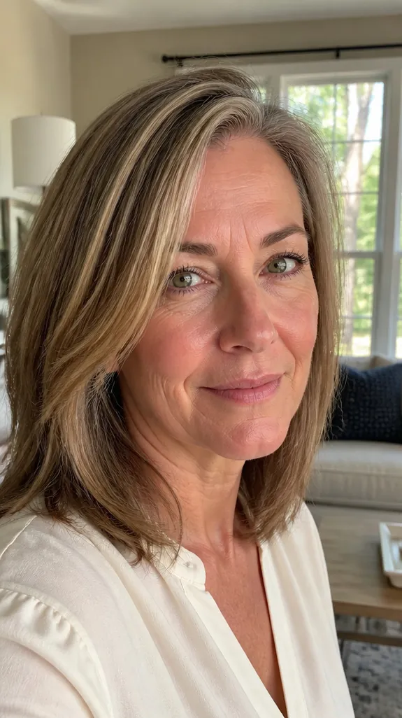 woman in her fifties with light brown hair blended with highlights and gray