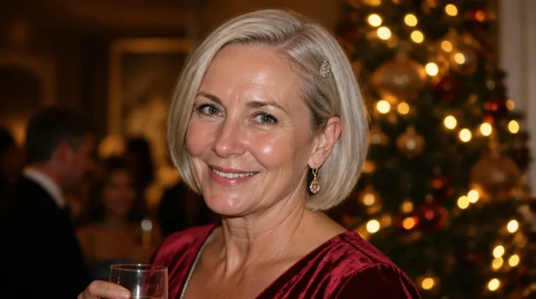 woman in her fifties with a sleek silver-blonde bob and a jeweled clip at a holiday party