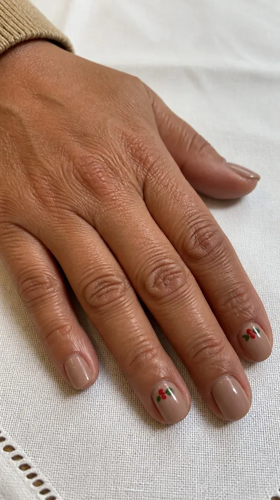 short nude nails with a tiny holly berry design near the cuticle
