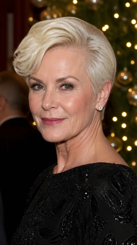 woman in her sixties with a pixie styled with rounded old-Hollywood volume