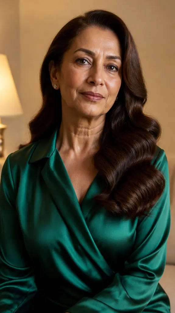 South Asian woman over 50 with long Old Hollywood waves