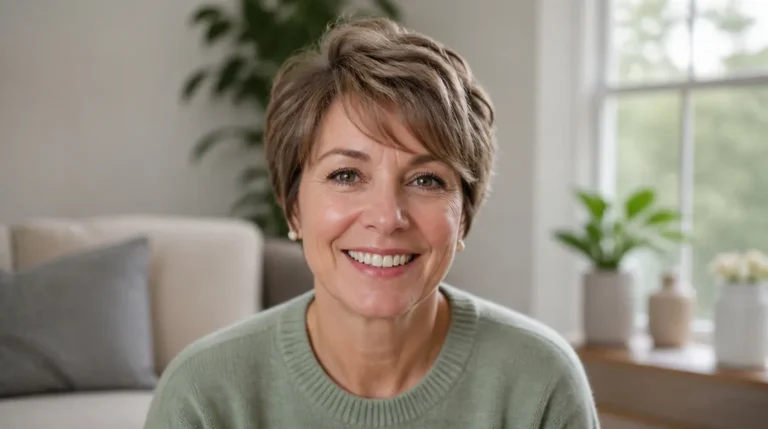 smiling woman in her fifties growing out her pixie cut into a soft bixie