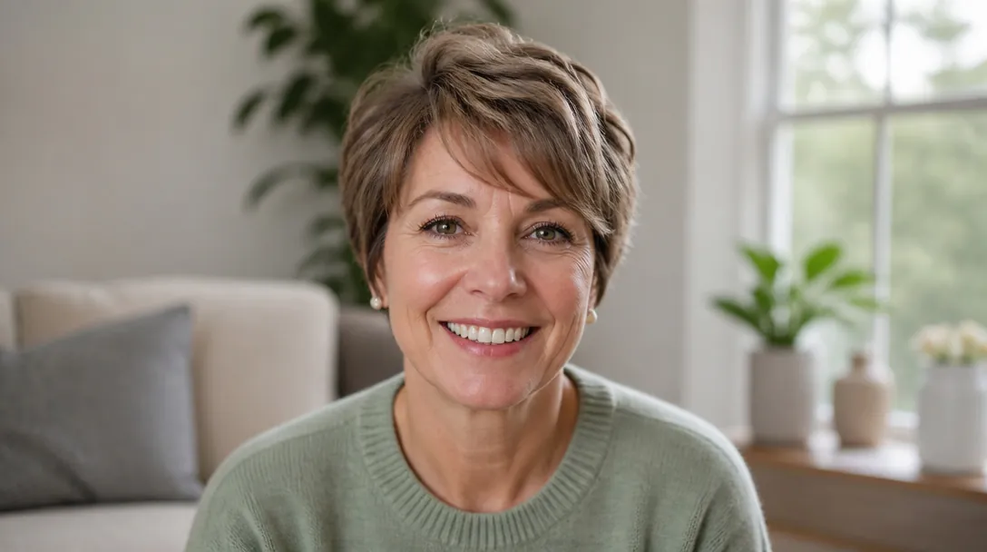 smiling woman in her fifties growing out her pixie cut into a soft bixie