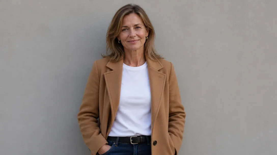 woman in her late forties in a camel coat, white tee and dark jeans