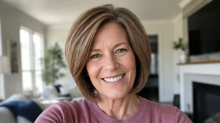 smiling woman in her fifties with fine hair styled into a full, voluminous bob