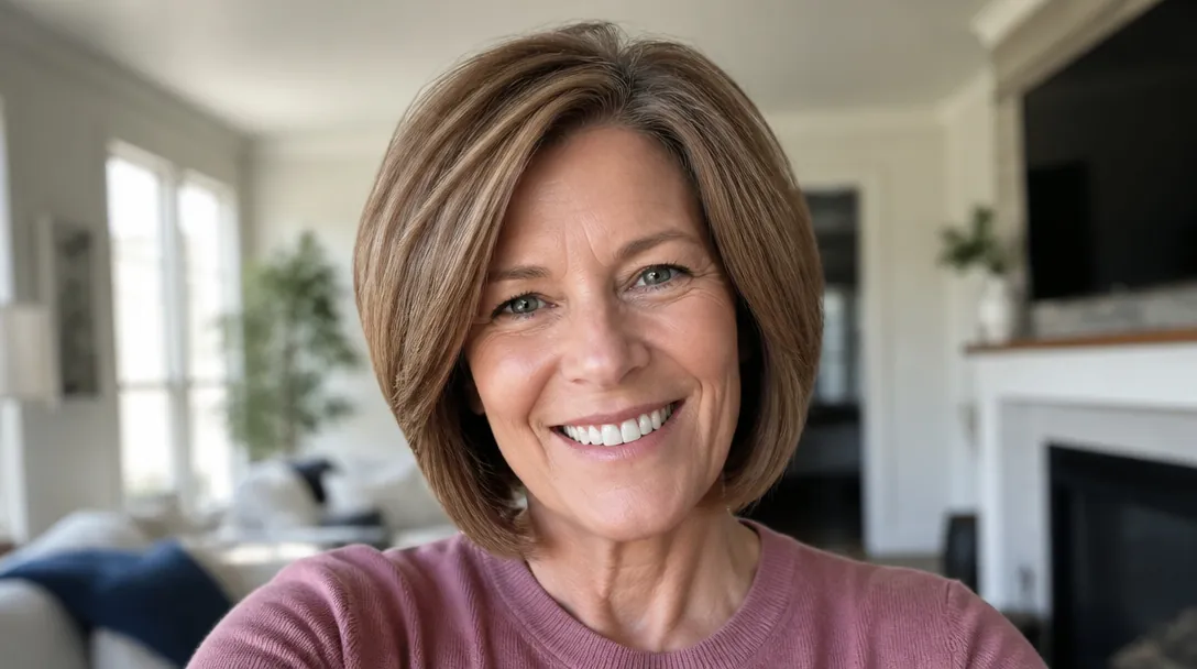 smiling woman in her fifties with fine hair styled into a full, voluminous bob