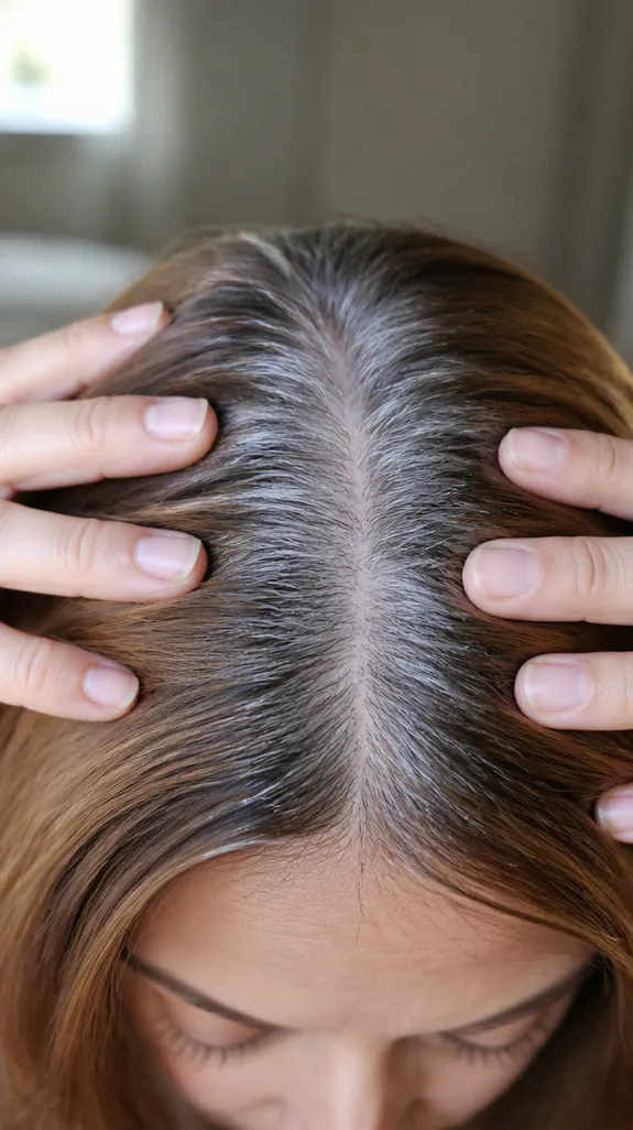 close-up of a part showing an inch of gray roots against brown dyed hair