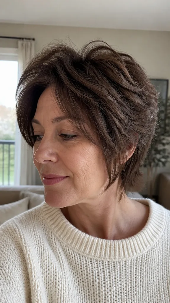 woman in her fifties with a thick brunette bixie cut with internal layers