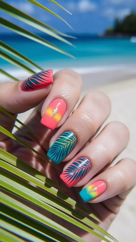 turquoise and coral nails with a palm leaf design