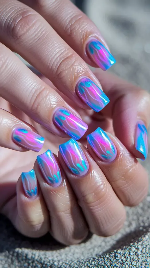 sheer pink and blue jellyfish nails with flowing lines