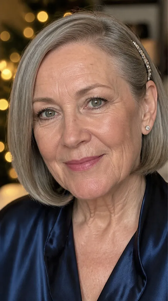 woman in her sixties with a smooth gray bob and a jeweled clip at the side part