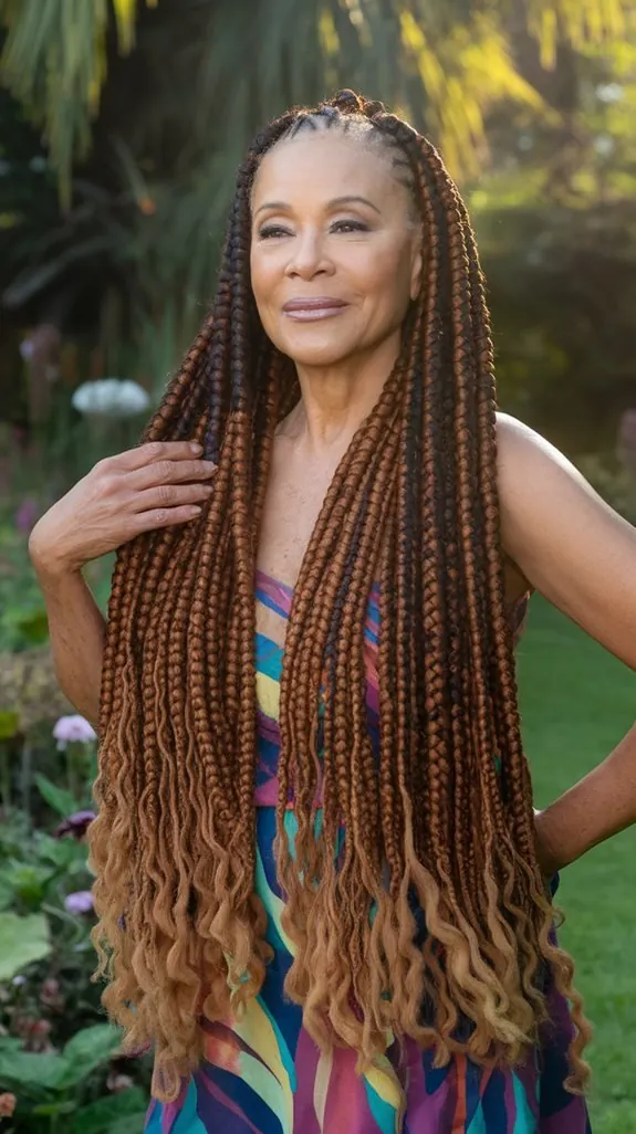 Black woman over 50 with extra-long brown jumbo braids in a garden