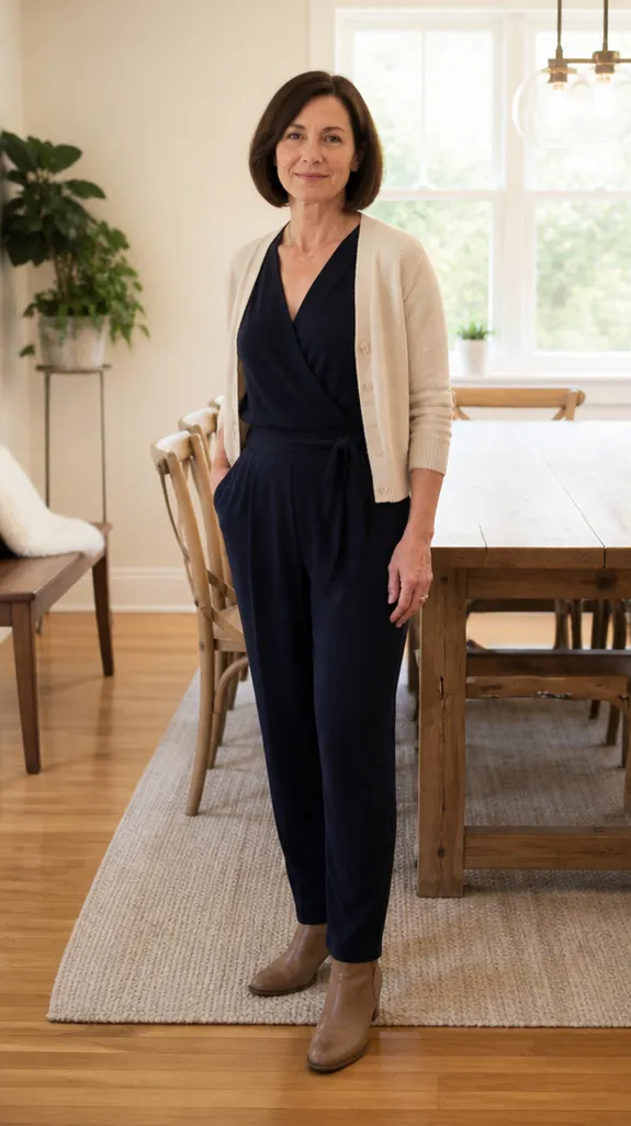 woman in her fifties wearing a dark jumpsuit with a cropped cardigan