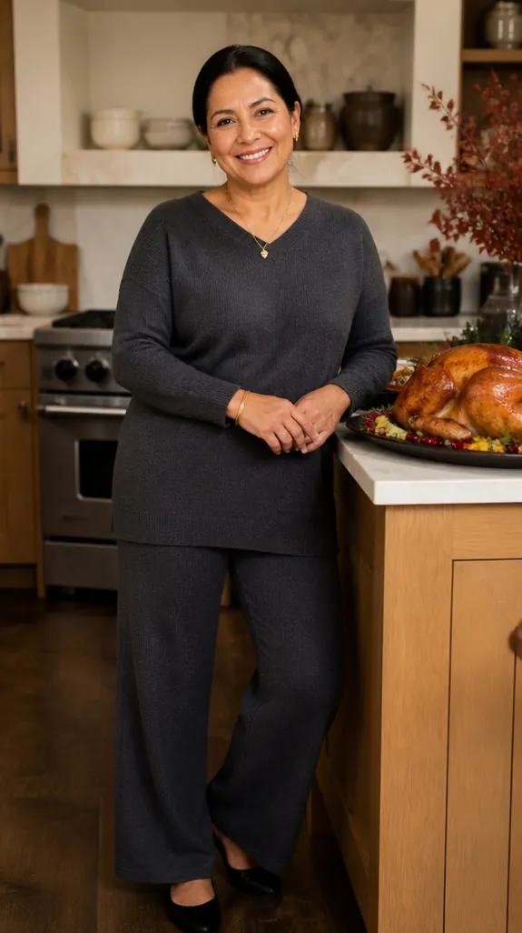 woman in her fifties in a charcoal knit set hosting in her kitchen