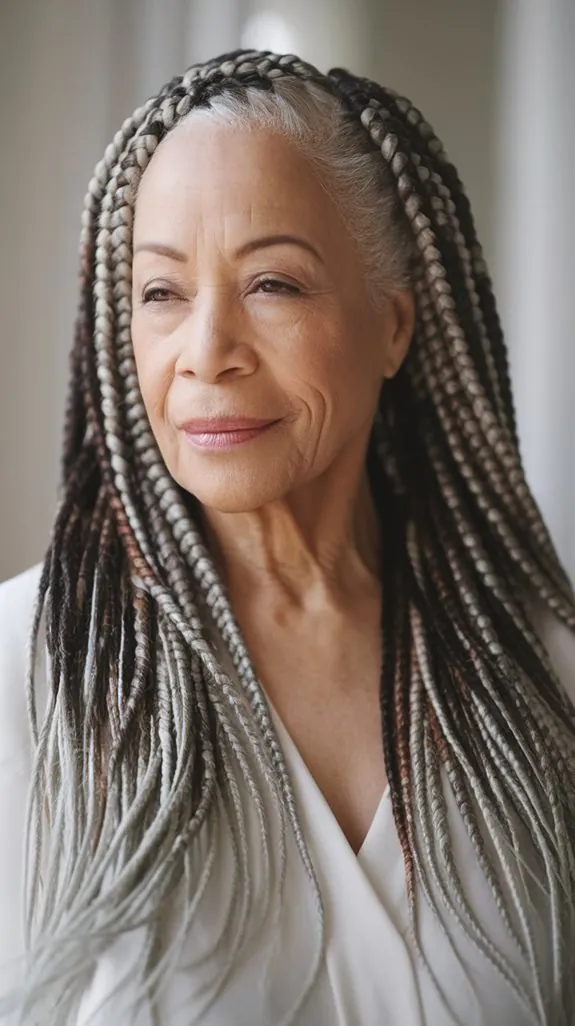 Black woman over 50 with gray and black ombre knotless braids