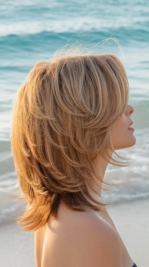 woman with layered beach waves by the ocean