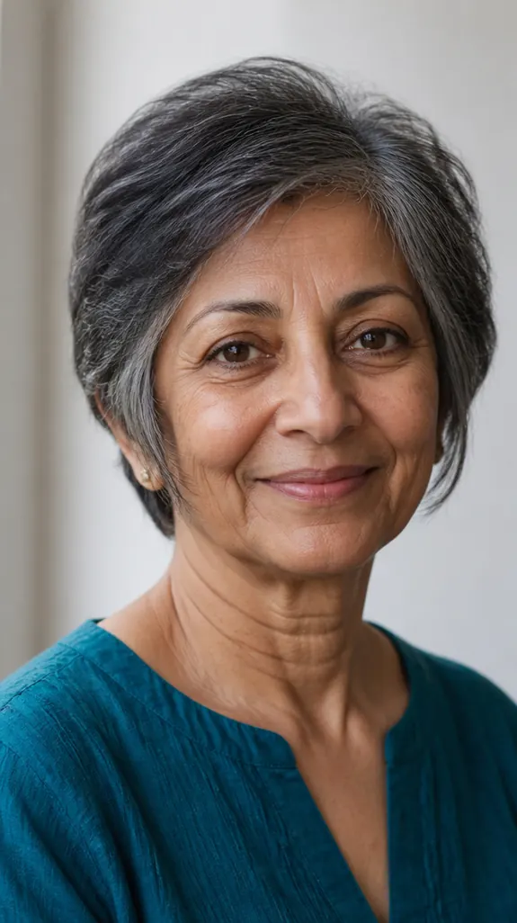 South Asian woman over 60 with a layered crop and face-framing pieces