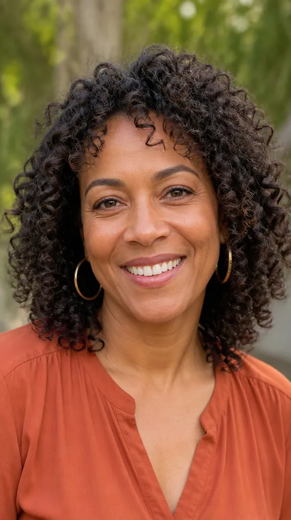 woman over 40 with layered natural curls