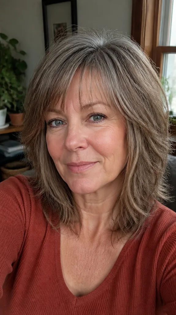woman in her fifties with a layered shag mixing gray and brown